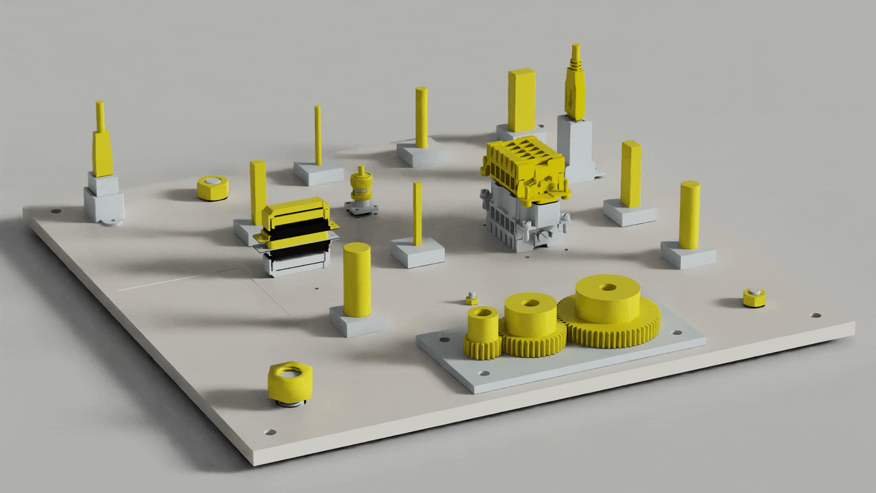 A rotating studio view of the NIST board, with yellow movable parts shown fully assembled.